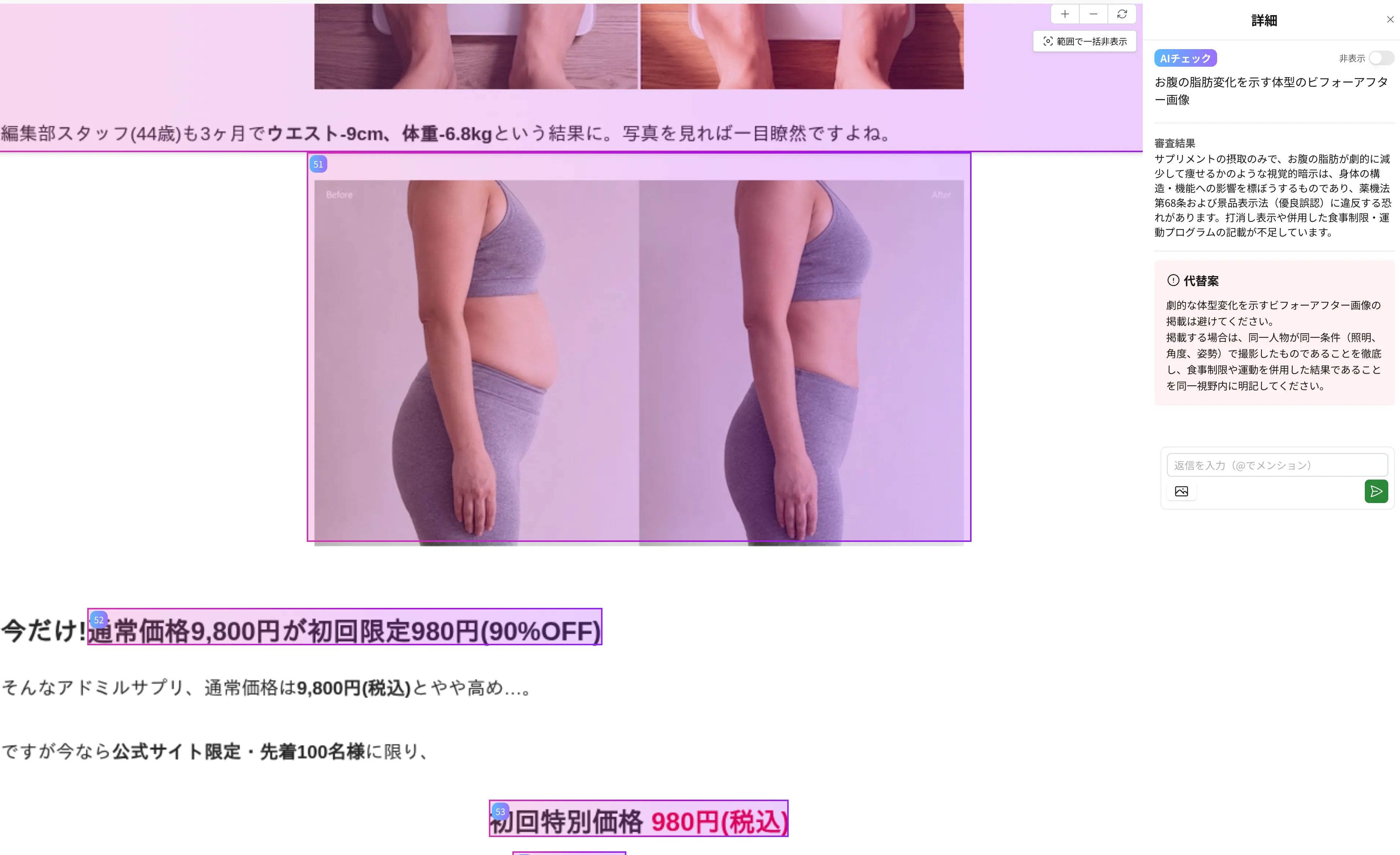 AIがページ全体を自動チェックした審査結果の画面